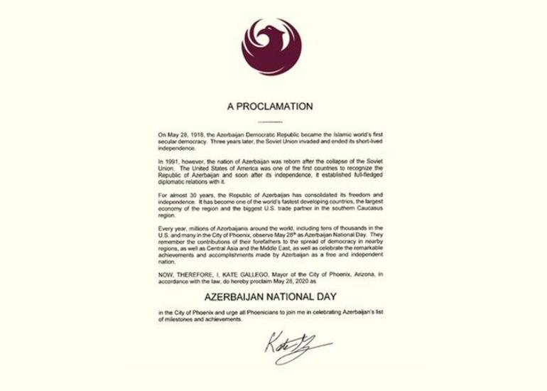 ABŞ-ın Arizona ştatının paytaxtında 28 may “Azərbaycan Milli Günü” elan edilib