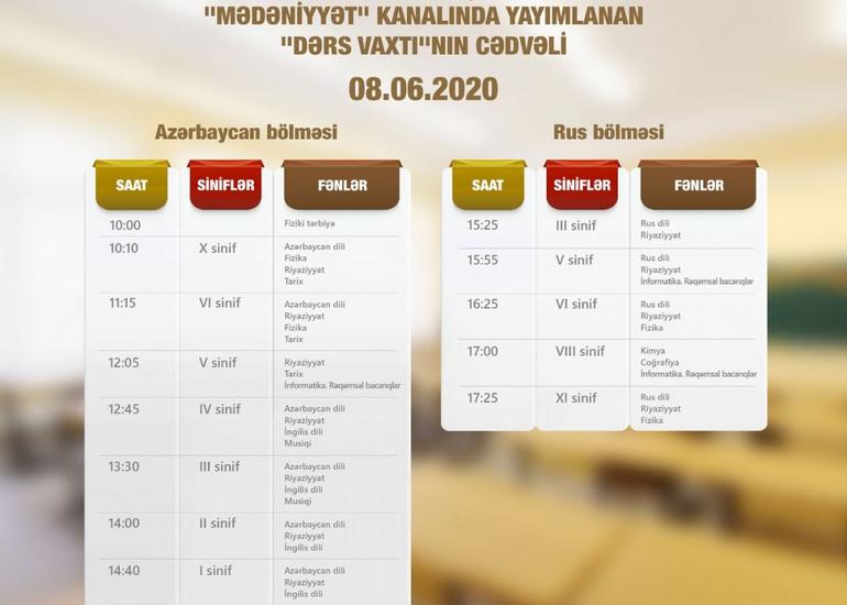 "Dərs vaxtı" verilişinin 8 iyun cədvəli müəyyənləşdirilib