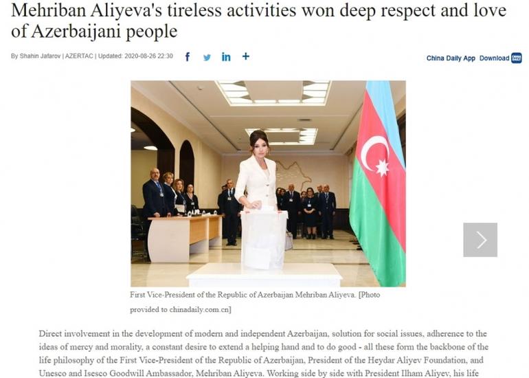 “China Daily”: Mehriban Əliyevanın yorulmaz fəaliyyəti Azərbaycan xalqının dərin hörmət və məhəbbətini qazanıb