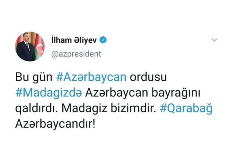 Prezident İlham Əliyev 1-ci Ordu Korpusunun komandirini Madagizin işğaldan azad olunması münasibətilə təbrik edib