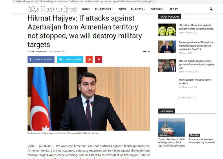 Böyük Britaniya portalı Azərbaycan Prezidentinin köməkçisinin açıqlamasını yayıb