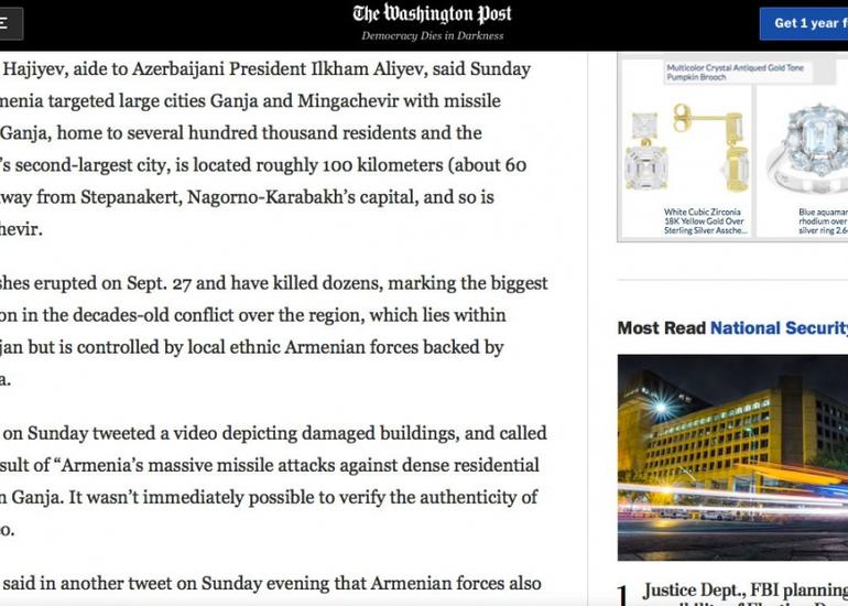 “The Washington Post” nəşri Ermənistan silahlı qüvvələrinin Azərbaycanın münaqişə zonasından kənarda yerləşən şəhərlərinə raket zərbələri haqda yazıb