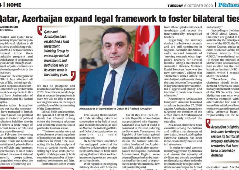 Səfirimiz Qətər mediasında Qarabağdan danışıb