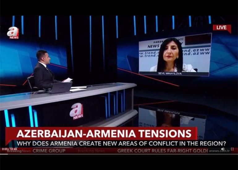Gərginliyə görə Ermənistan rəhbərliyi məsuliyyət daşıyır - Sevil Mikayılova Türkiyənin "Anews" telekanalına müsahibə verib