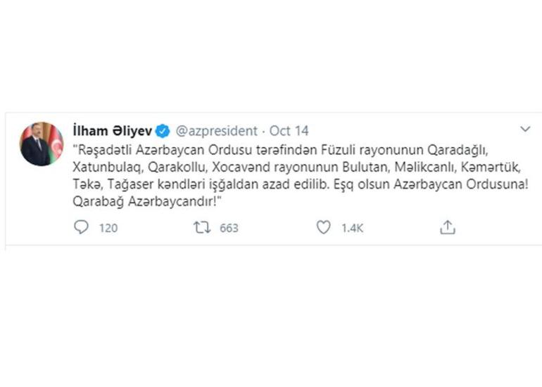 Azərbaycan Prezidenti: "Daha səkkiz kənd işğaldan azad edilib"