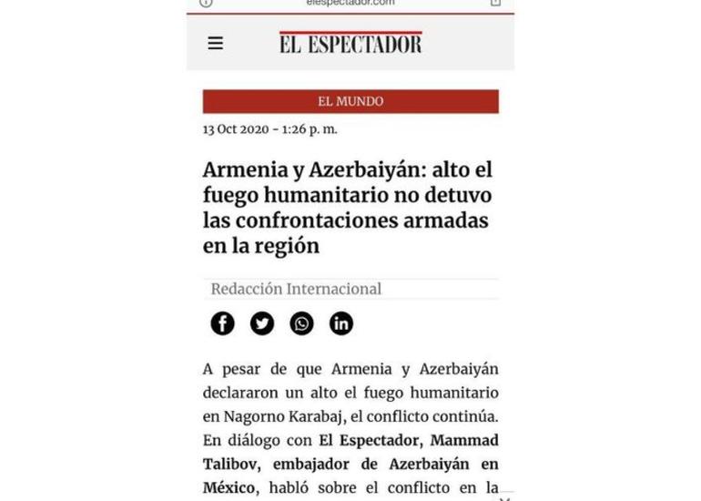 Kolumbiyanın nüfuzlu “El Espectador” qəzeti Ermənistanın son hərbi təcavüz aktı barədə yazıb
