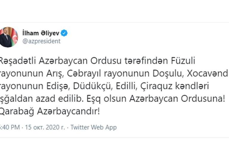 Azərbaycan Prezidenti: "Daha 6 kənd işğaldan azad edilib"