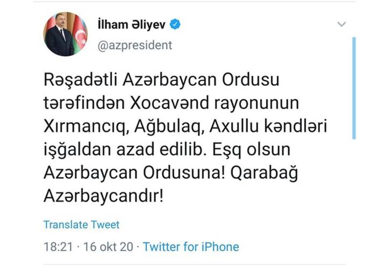 Prezident İlham Əliyev: "Daha 3 kənd işğaldan azad edilib"
