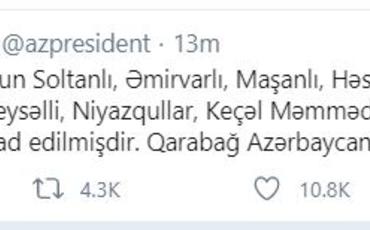 Prezident: Cəbrayıl rayonunun 13 kəndi işğaldan azad edilib