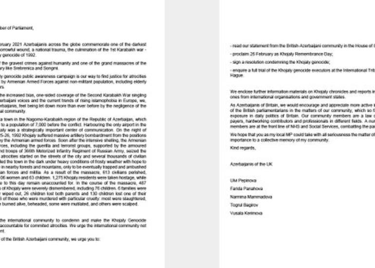 Azərbaycan icması britaniyalı deputatları Xocalı soyqırımını tanımağa çağırıb