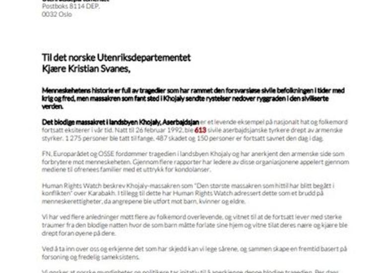 Diaspor təşkilatı Norveç hökumətini Xocalı soyqırımını tanımağa çağırıb