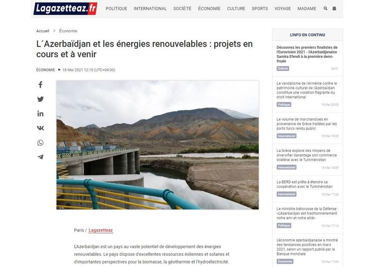 Azərbaycanın bərpa olunan enerji yolu: Hazırkı və gələcək layihələr - Fransanın "Lagazetteaz.fr" qəzeti