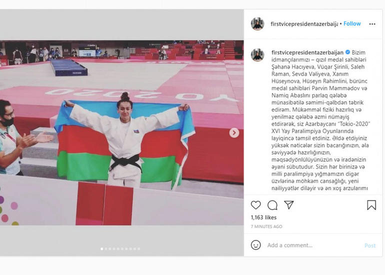 Mehriban Əliyeva Paralimpiya Oyunlarında qalib gələn idmançıları təbrik edib