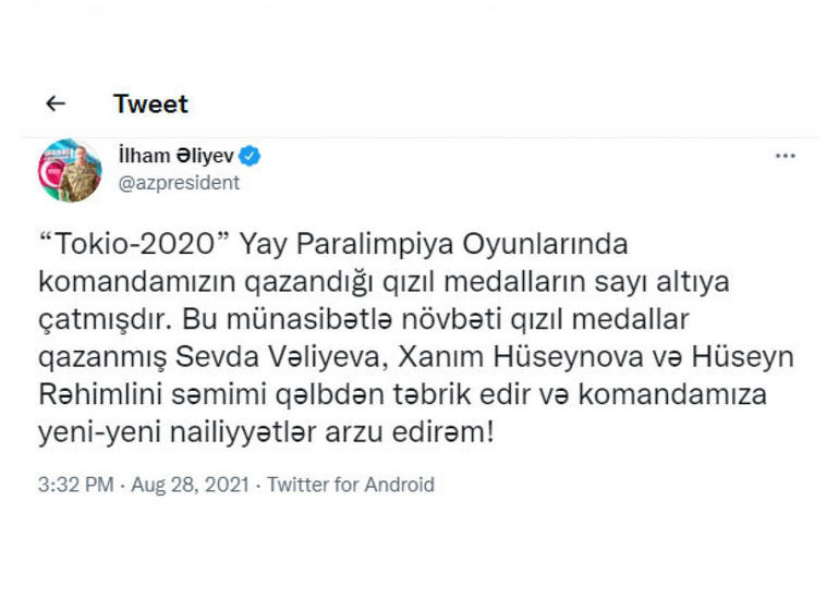 Prezident İlham Əliyev Paralimpiya Oyunlarında qızıl medal qazanmış daha üç Azərbaycan idmançısını təbrik edib