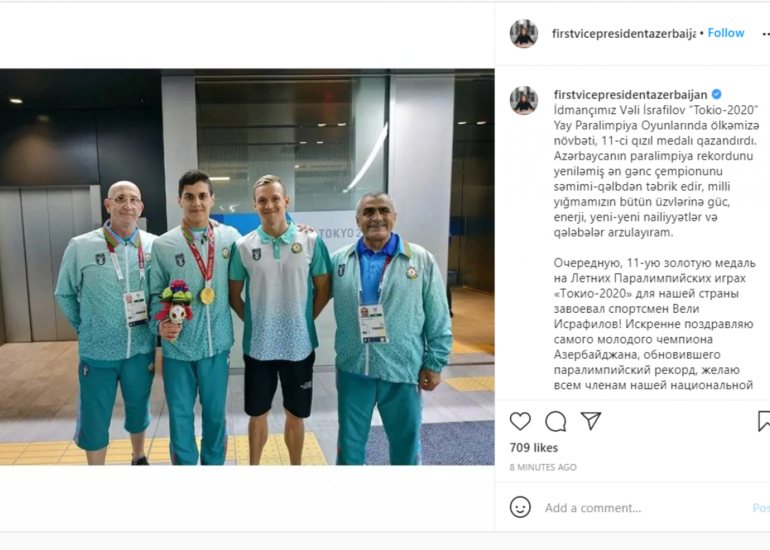 Mehriban Əliyeva “Tokio-2020” Yay Paralimpiya Oyunlarında qalib gələn idmançımızı təbrik edib