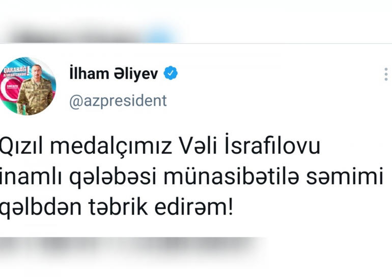 Azərbaycan Prezidenti Paralimpiya Oyunlarında qızıl medal qazanmış Vəli İsrafilovu təbrik edib