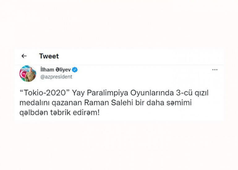 Prezident İlham Əliyev Yay Paralimpiya Oyunlarında 3-cü qızıl medalını qazanan Raman Salehi təbrik edib