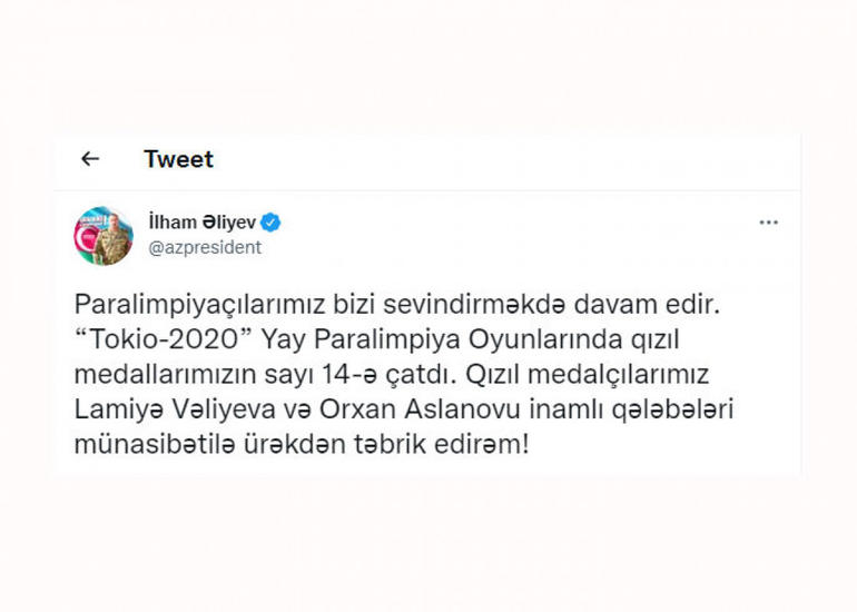 Prezident İlham Əliyev Yay Paralimpiya Oyunlarında növbəti qızıl medalları qazanan idmançılarımızı təbrik edib