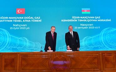 Prezident İlham Əliyev və Prezident Rəcəb Tayyib Ərdoğan İğdır-Naxçıvan qaz kəmərinin təməlinin qoyulması mərasimində iştirak ediblər