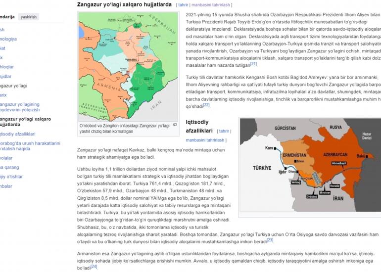 “Wikipediya”da özbək dilində Zəngəzur adlı bölmə istifadəyə verilib