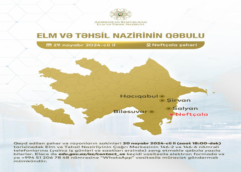 Elm və təhsil naziri Neftçalada vətəndaşları qəbul edəcək