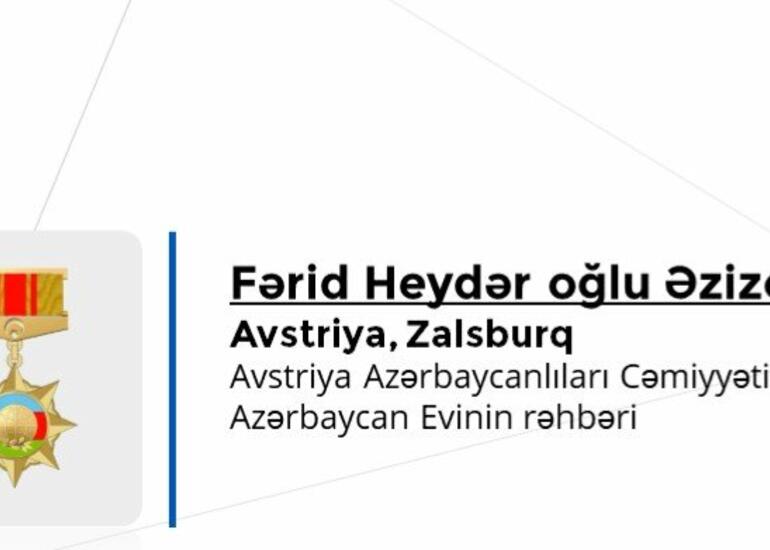 Fərid Əzizov “Diaspor fəaliyyətində xidmətə görə” medalı ilə təltif olunub