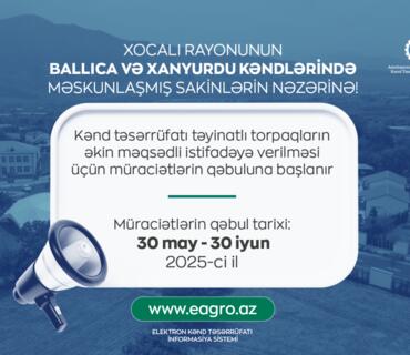 Xocalının Ballıca və Xanyurdu kəndində torpaqların əkin məqsədli istifadəyə verilməsi üçün müraciətlərin qəbuluna başlanır