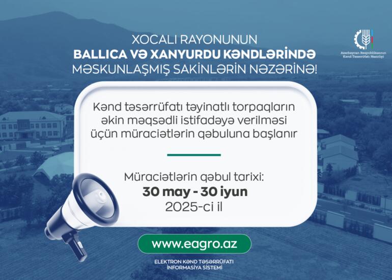 Xocalının Ballıca və Xanyurdu kəndində torpaqların əkin məqsədli istifadəyə verilməsi üçün müraciətlərin qəbuluna başlanır